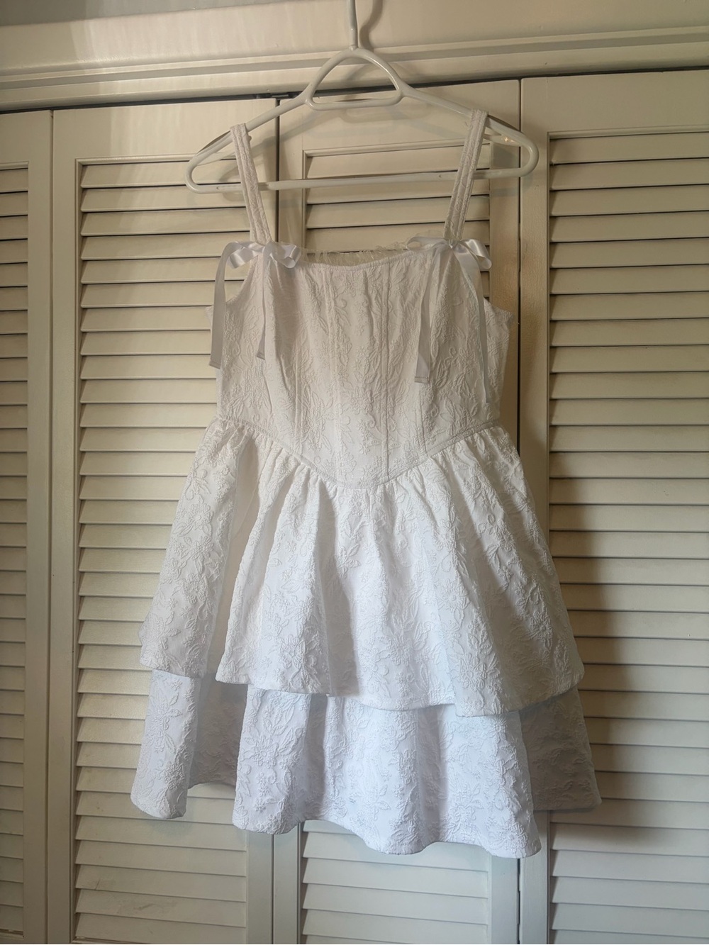 Trixxi White Lace Tiered Mini Dress with Bow Straps